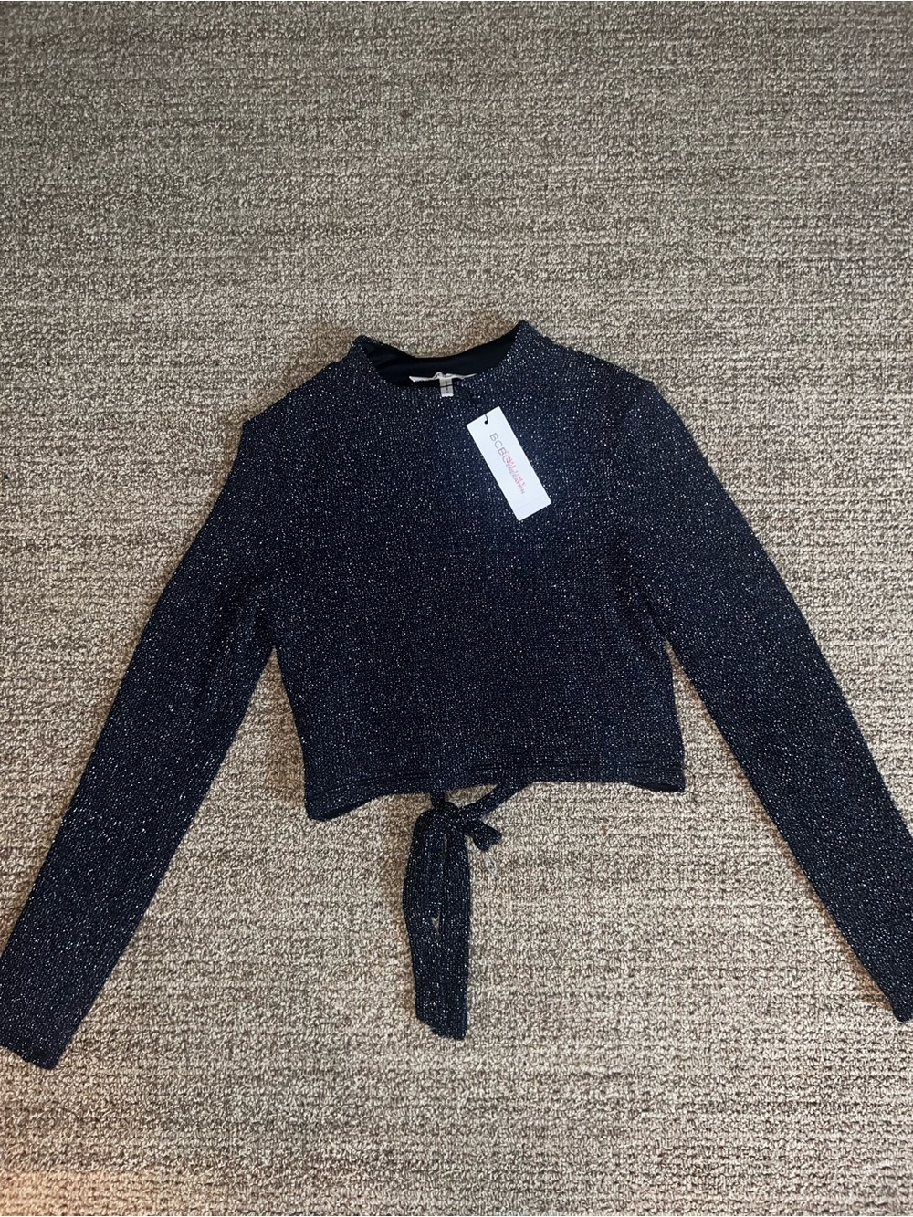 BCBGeneration Black Shimmer Tie-Front Long Sleeve Crop Top